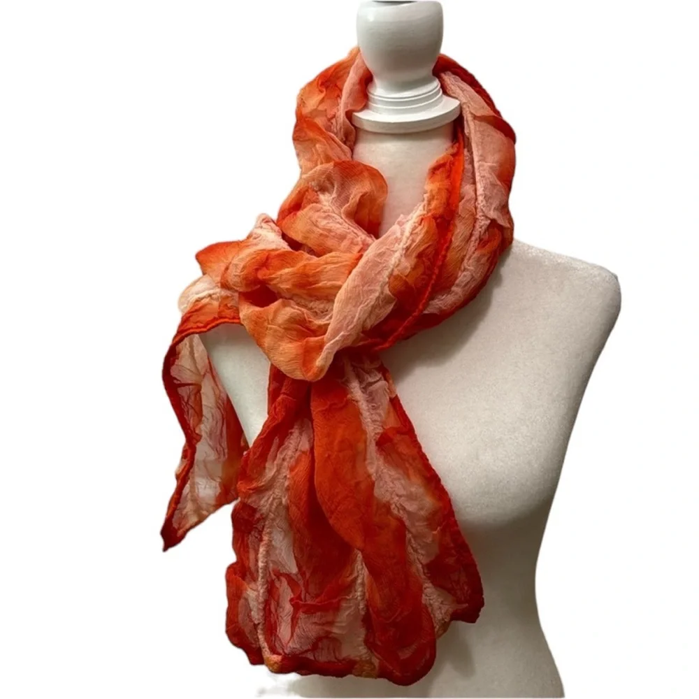 Vintage Masino Silk and Wool Crinkle Scarf in vibrant orange hues.